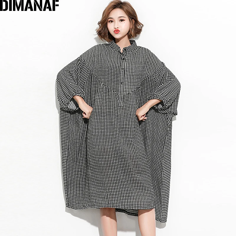 DIMANAF Women Dress Summer Oversize Femme Lady Batwing Vestido Vintage Black Plaid Large Big Clothing Loose Oversized 150KG Fit | Женская