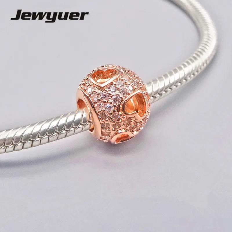 Silver hearts charms with rose gold fit 925 sterling silver bead Bracelet necklace DIY pendant for jewelry making Jewyuer BE174 | Украшения