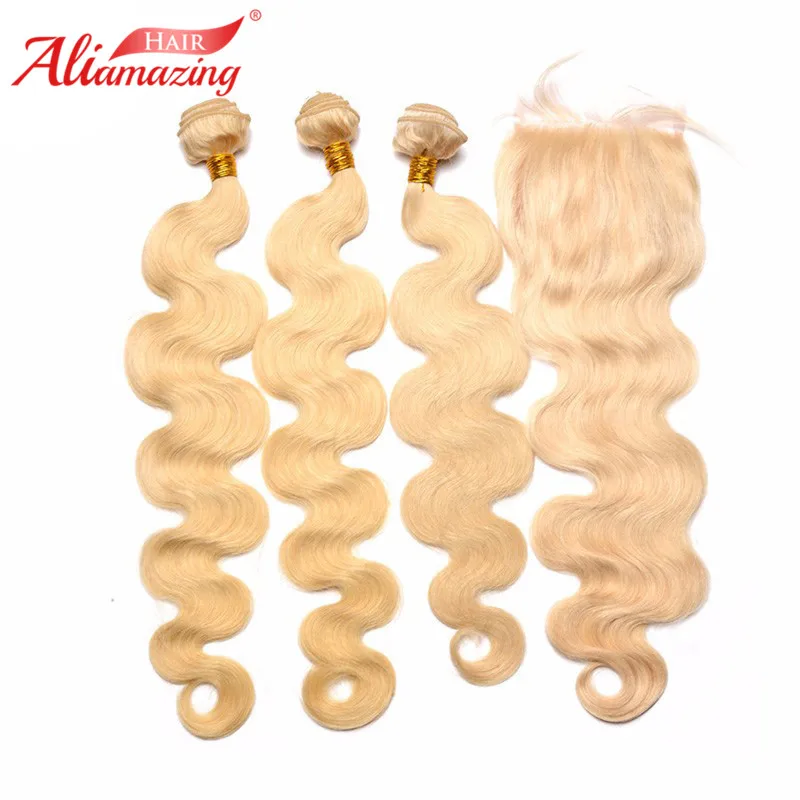 

Ali Amazing Hair Remy #613 Blonde Hair With 4x4 Lace Closure Brazilian Body Wave 3 Bundles With Closure Human Hair Weave