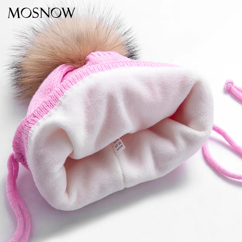 

Winter Baby Knitted Caps Real Fox Fur Pompom Hat Knitted Boy Cap Cotton Ears Protect Warm Hat Girls Thick Beanies Hats B-9387