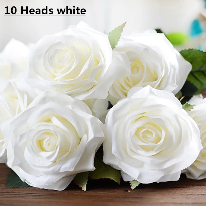 10 heads white Дешевые 7/9/10 глав один пучок искусственный букет роз Шелковый декоративный цветок Свадебная вечеринка Рождественский Декор цветок материалы искусственные цветы тычинки цветов декор дома - Цвет: 10 heads white