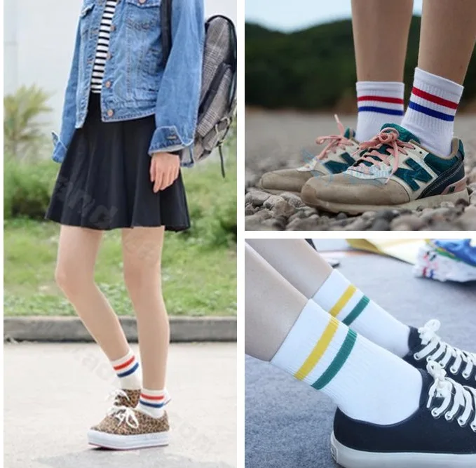 Носки Женские однотонные в японском стиле хлопковые полоску ретро для