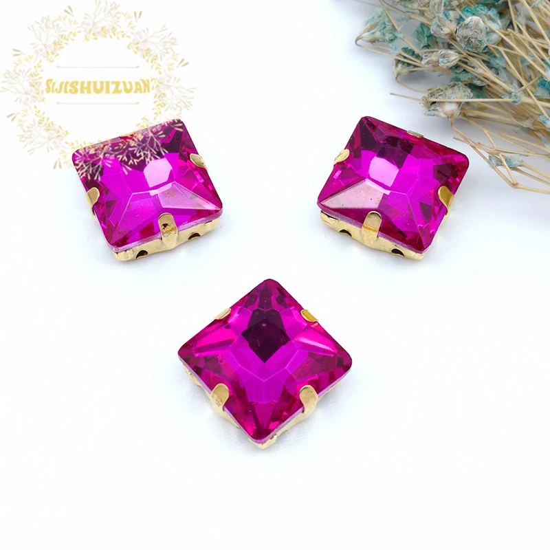 Rose red Square Crystal Glass Sewing Rhinestones with gold Claw for Diy wedding Dress and Bags | Дом и сад