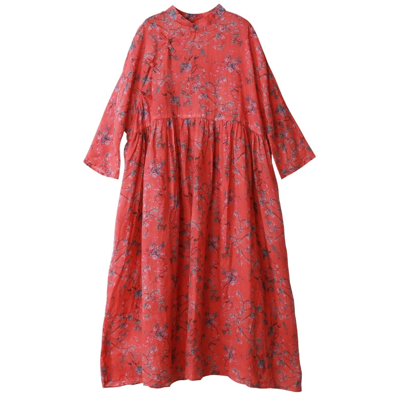 Hisenky 2018 Spring Ramie Three-Quarter Sleeve Dress Women Maxi Dresses Small Flower Shirt Robe Femme Elbise Vestido 1907 | Женская