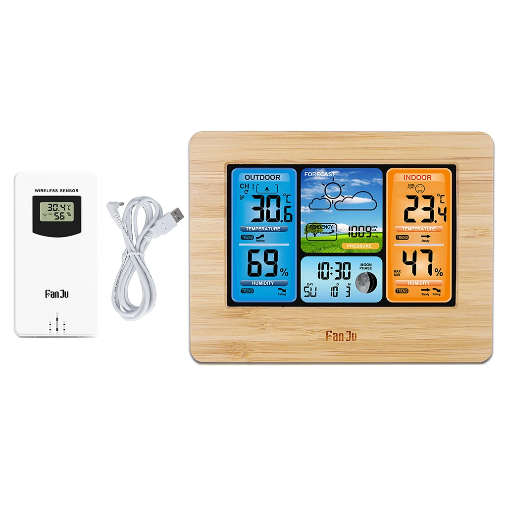 

Large LCD thermometer hygrometer humidity temperature meter clock snooze alarm with sensor 7 languages optional with USB Cable