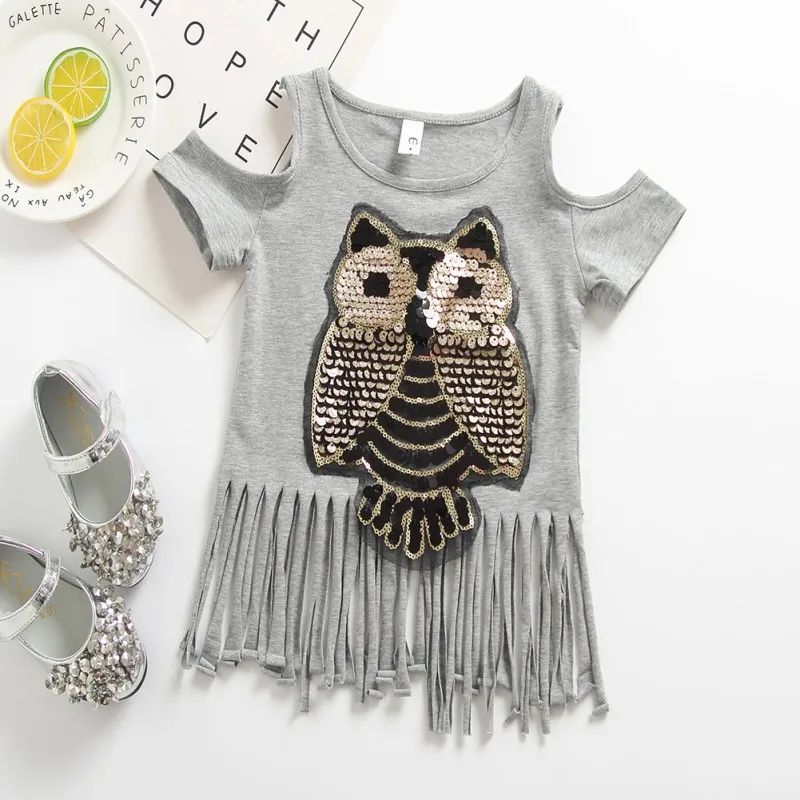 Детская футболка с коротким рукавом и бахромой рисунком совы|Тройники| |