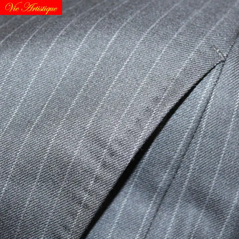 custom tailor made suits 3 pieces jacket pant vest Worsted wool Men's suit groom tuxedos slim fit wedding grey striped 2018 new