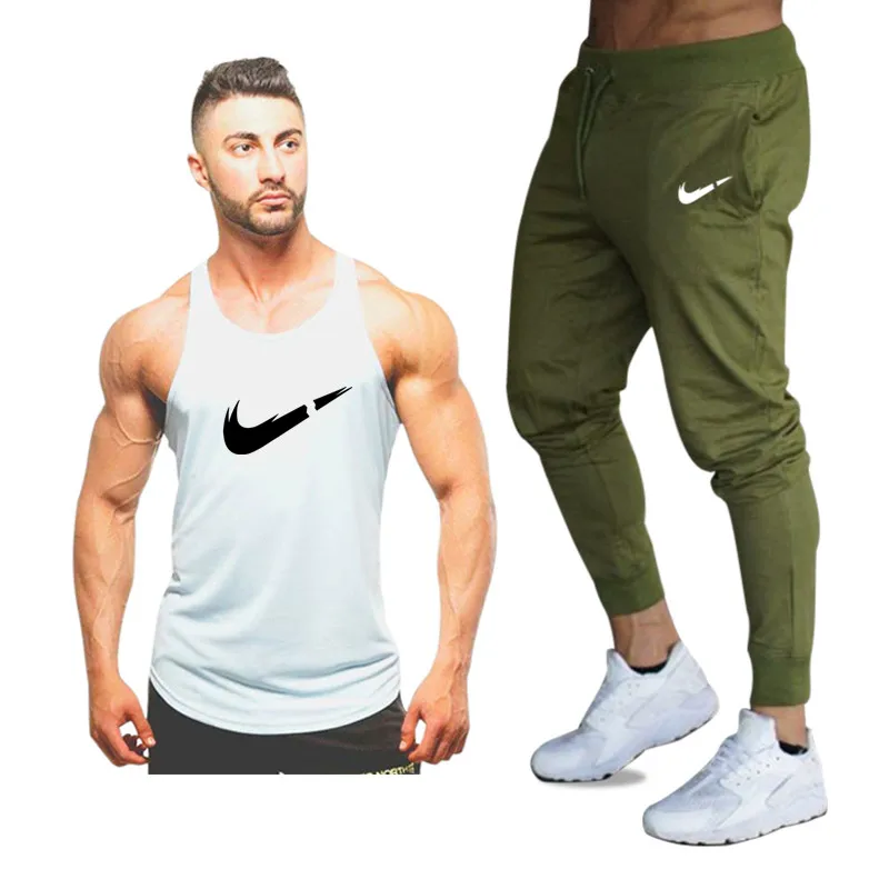 Bodybuilding new vest men's LOGO printing + pants sports tight high elastic brand sportswear summer suit | Мужская одежда