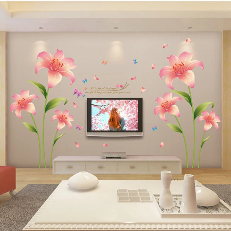 Romantic Pink Lily Flower Wall Decor Sticker Sweet Wedding Rooms Decoration Stickers Living Room TV Backdrop Floral Poster QT114 | Дом и сад