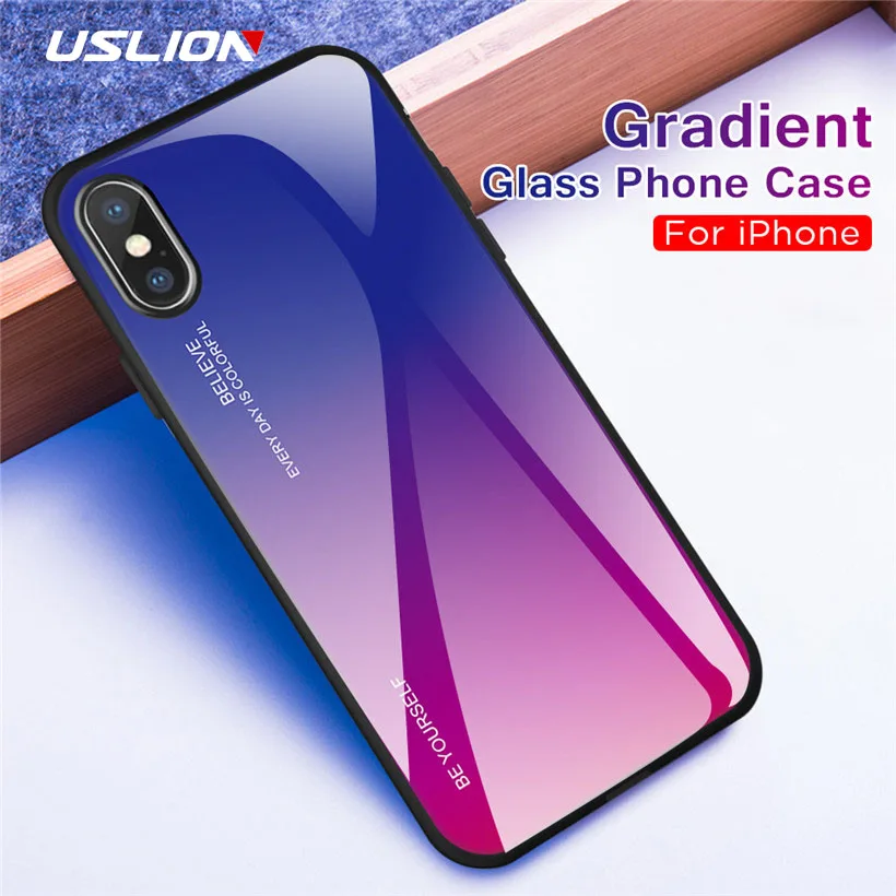 USLION Gradient Glass Phone Case For iPhone XS Max 7 8 Plus Hard Cover X XR 6 6S Tempered Cases Coque |