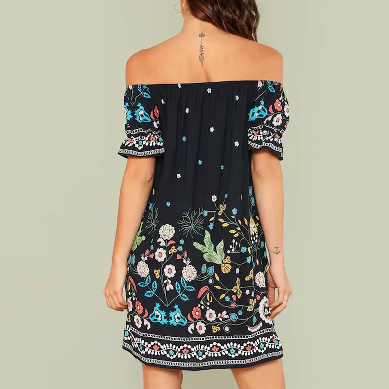 Женское мини платье с открытыми плечами и цветочным принтом богемное вечернее