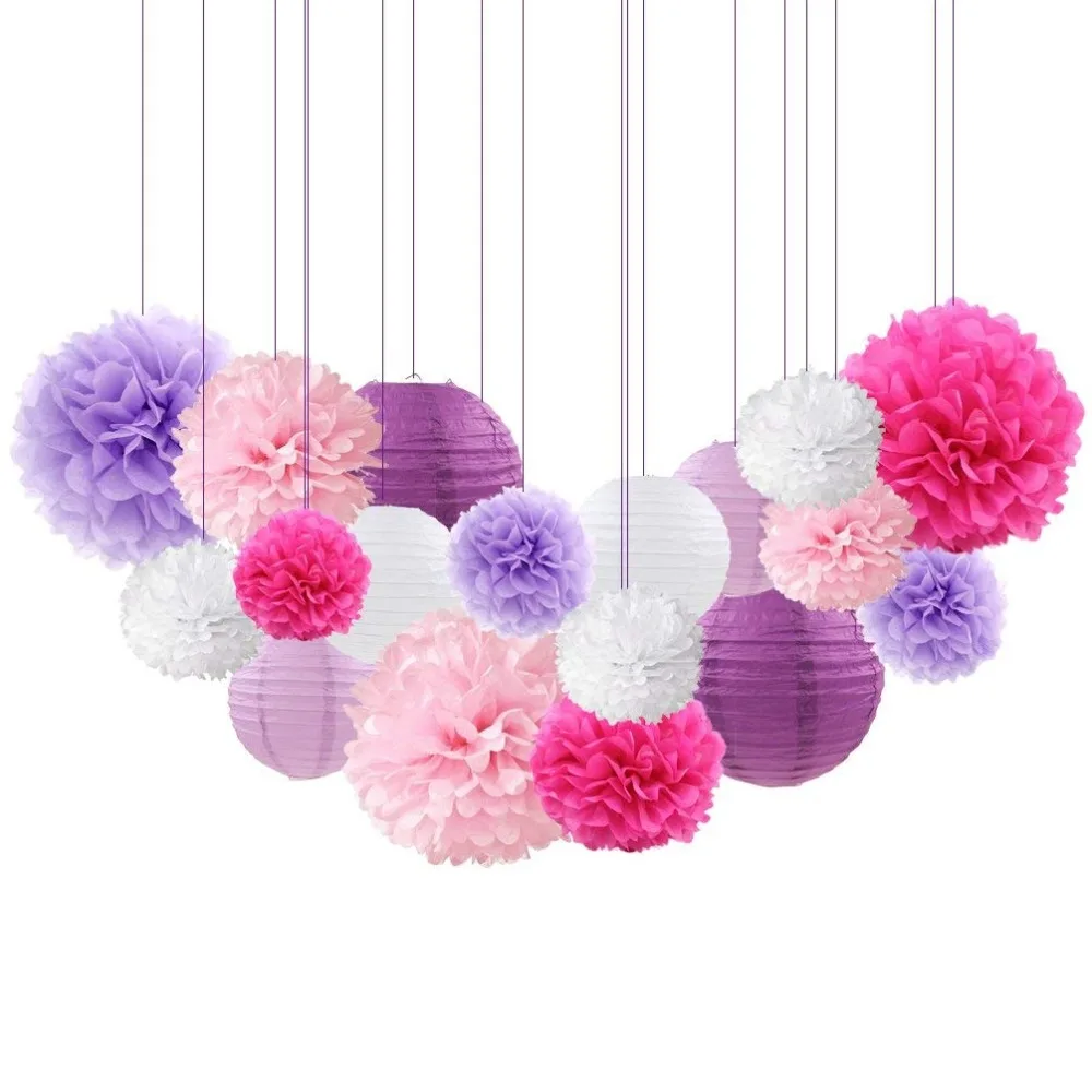 Фиолетовые Висячие DIY бумажные цветы Pom Poms и фонарики набор из 18 шт для детского