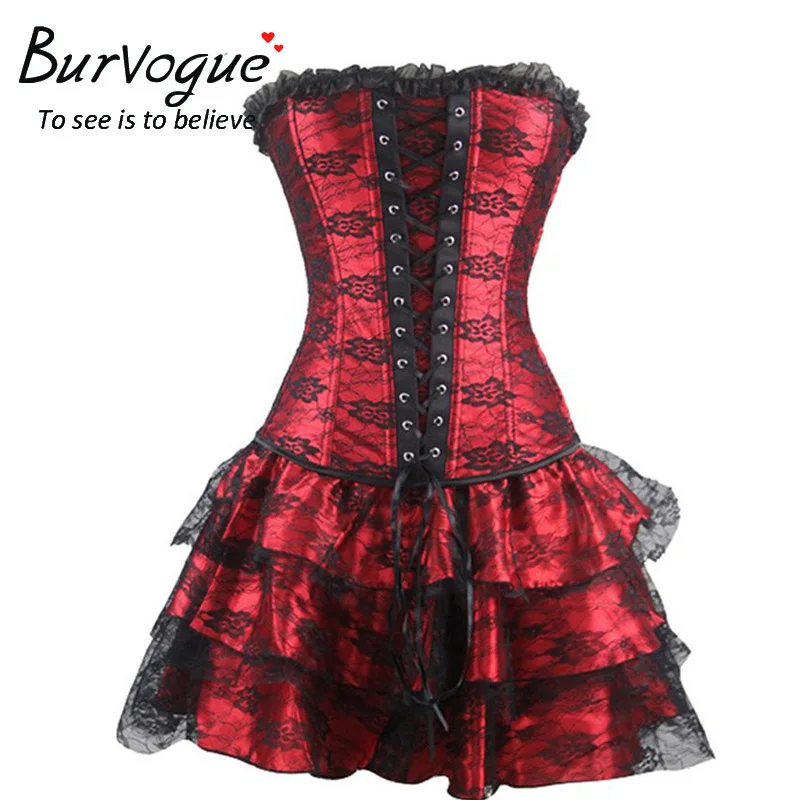 Burvogue сексуальные стимпанк Корсеты и бюстье Бурлеск Готический кружевной стимпанк корсет платье размера плюс цветочный костюм Бюстье платье