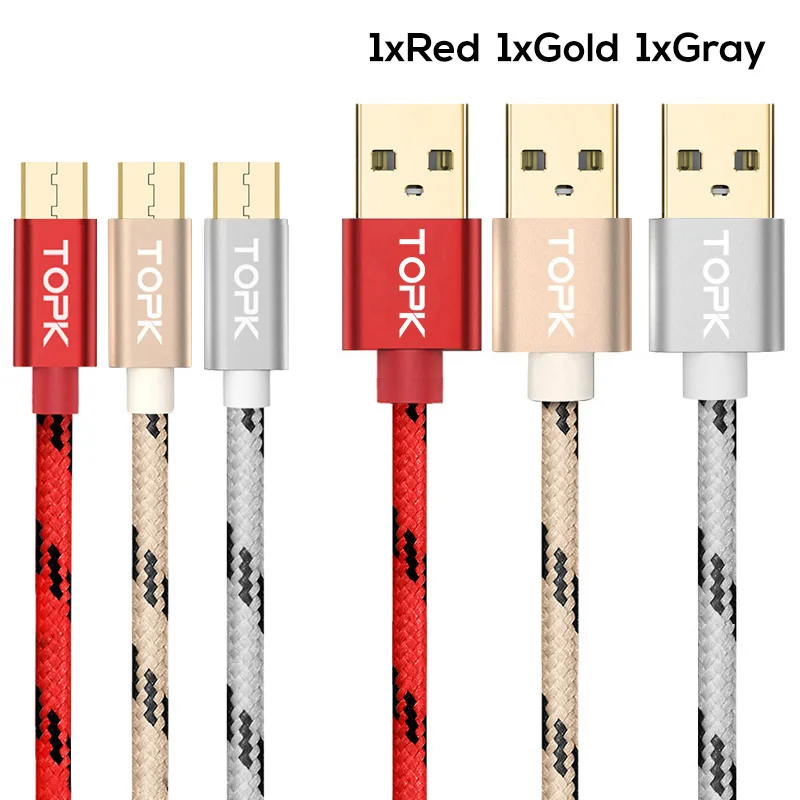 TOPK [3-Pack] 5 V/2,4 A(макс.) Micro USB кабель, нейлоновый плетеный металлический корпус позолоченный зарядный кабель для samsung/Xiaomi/huawei - Цвет: 1 Red 1 Gold 1 Gray