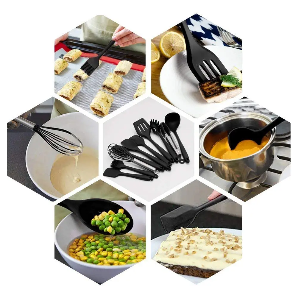 10 pcs Silicone Kitchen Utensil Set Durable Ladle Spatula Scraper Whisk Pasta Spoon Spoonula Food Clip Cooking Tool | Дом и сад