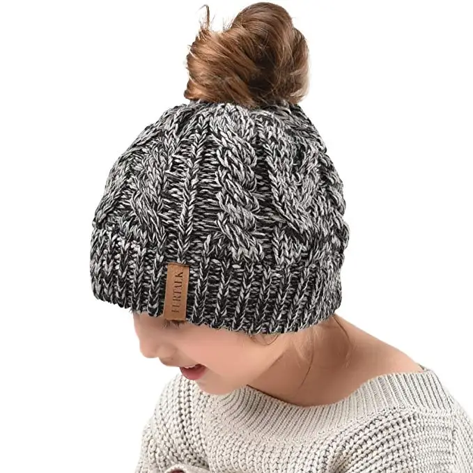 Kids Black Grey FURTALK хвост шапочка шапка Для женщин зимние круглые шапки без полей для детей для маленьких девочек вязаная зимняя бегун грязный булочка шапка с отверстием для хвоста Кепки - Цвет: Kids Black Grey