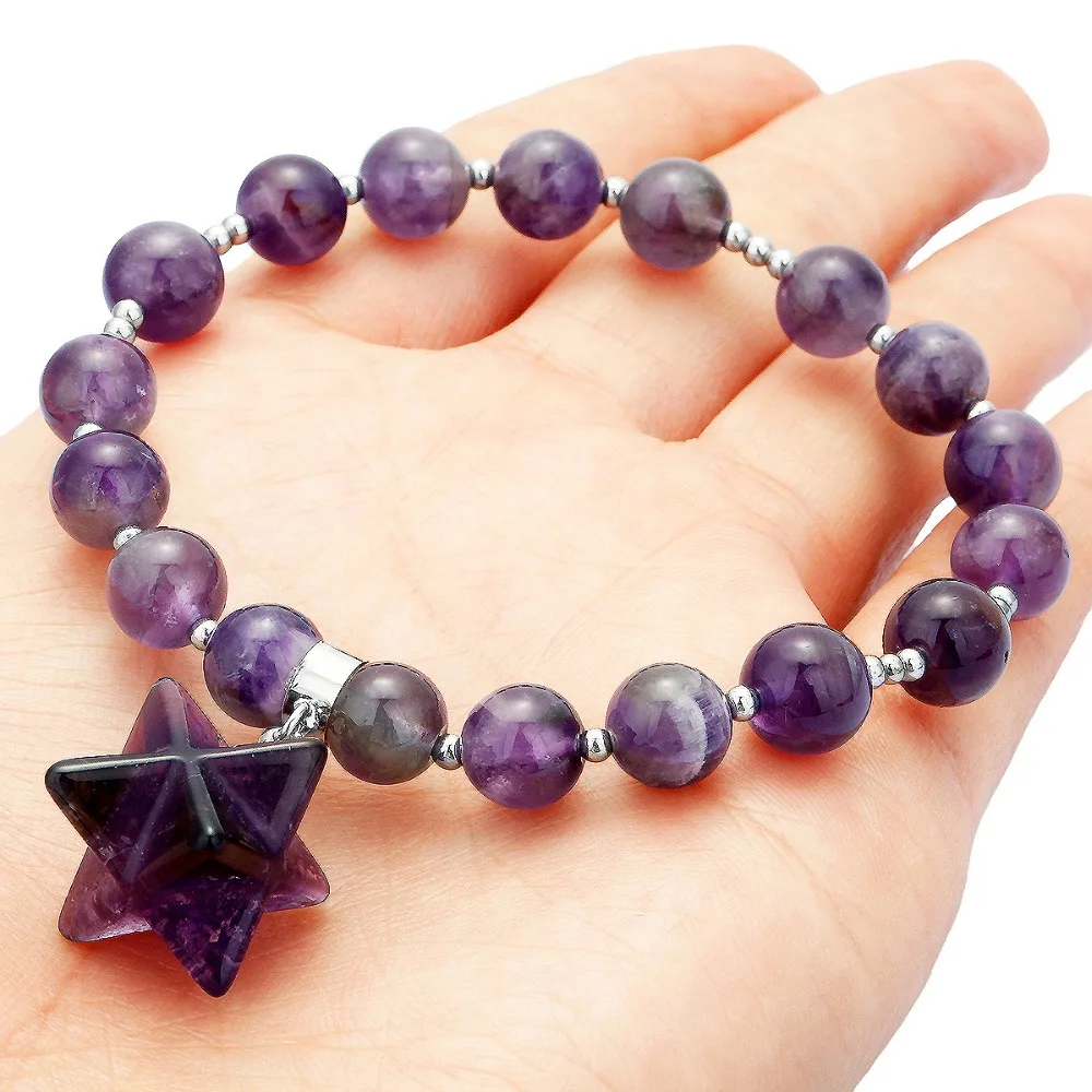 

TUMBEELLUWA 8mm Round Beads Crystal Stone Merkaba Star Stretch Charm Bracelet 7"