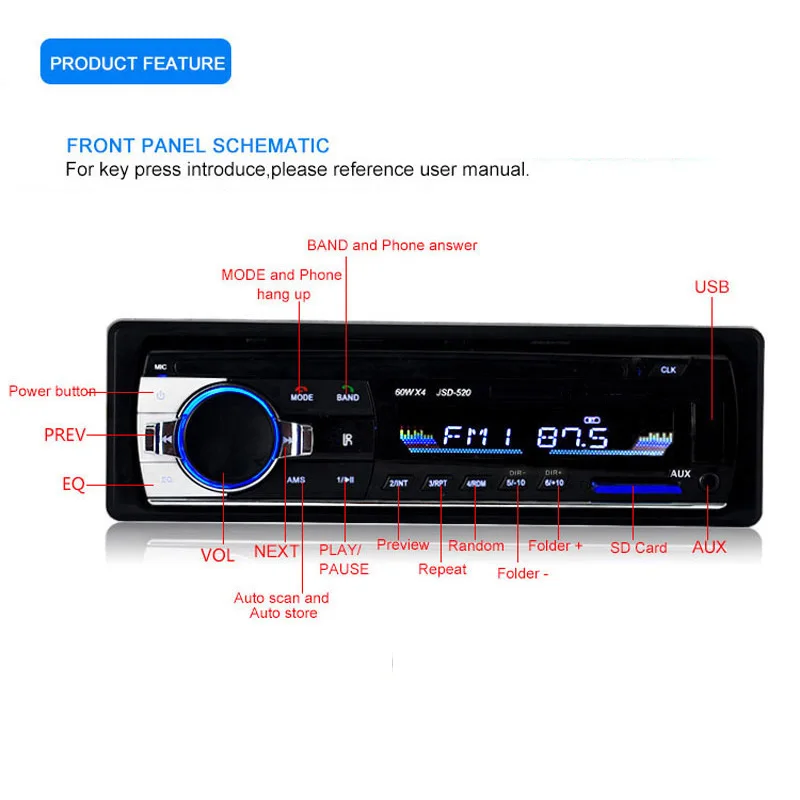 MP3 автомобиля радио 12 V Bluetooth V2.0 JSD 520 стерео dash 1 Din FM Aux Вход приемник SD USB MMC игрок WMA