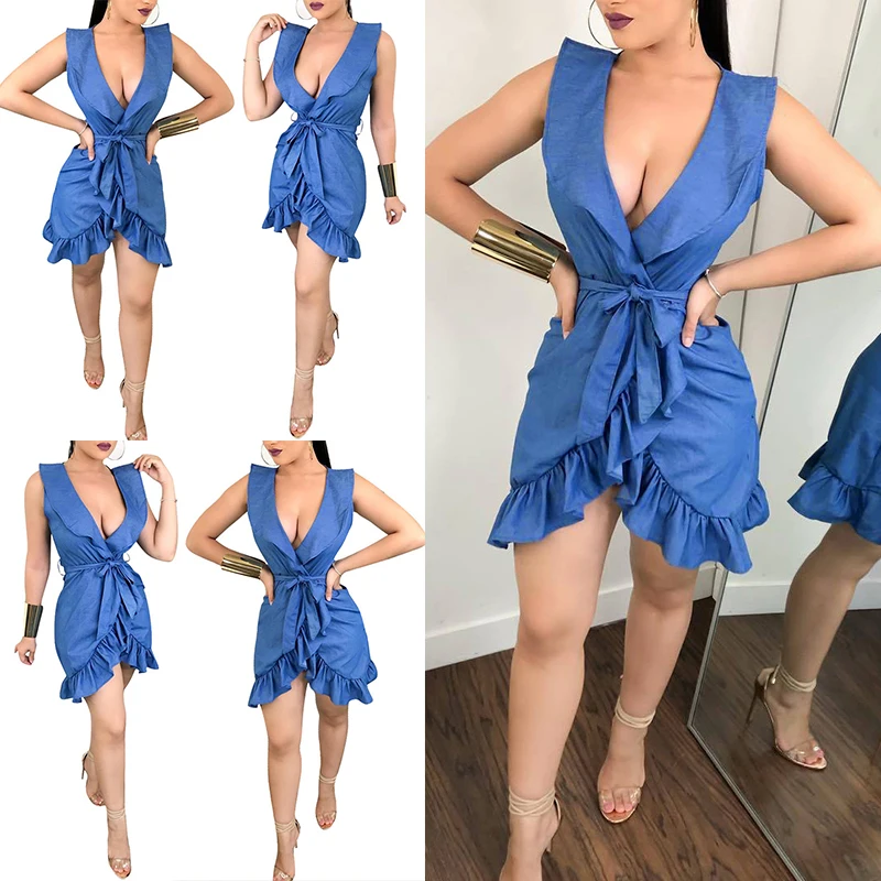 New Women Sexy V-neck Slim Fit Sleeveless Lace-Up Ruffled Summer Evening Party Club Mini Dress | Женская одежда