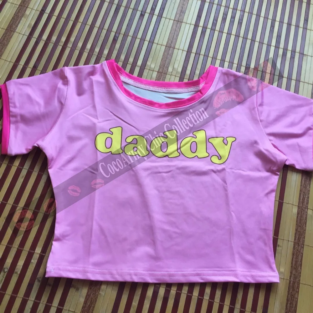 Летняя Сексуальная японская футболка с надписью Kawaii Daddy, контрастный укороченный топ, облегающая футболка, короткая футболка для тренировок, укороченная розовая Корейская тонкая футболка