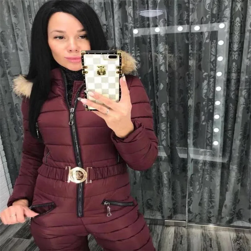 dark red Европейские и американские женские цельные брюки плюс хлопок с капюшоном большой меховой воротник сиамский хлопковый костюм лыжный костюм женский сиамский - Цвет: dark red