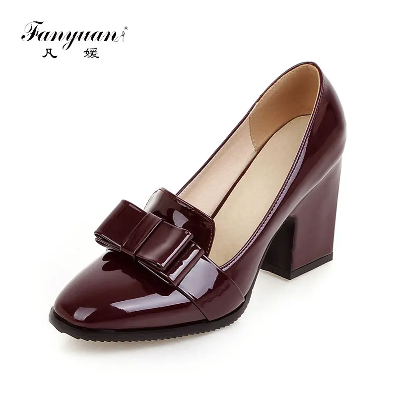 

fanyuan Brand Design Solid Bowtie Square High Heels Patent Pu Shoes Woman Casual Office Spring Autumn Pumps Big Size 33-43