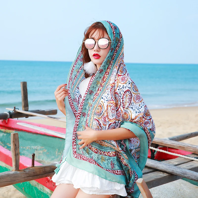 

National Style Scarf Sunscreen Girl Summer Beach Towel Seaside Shawl Lady Sun Shade Soft Anti-ultraviolet Outside Scarves H3008