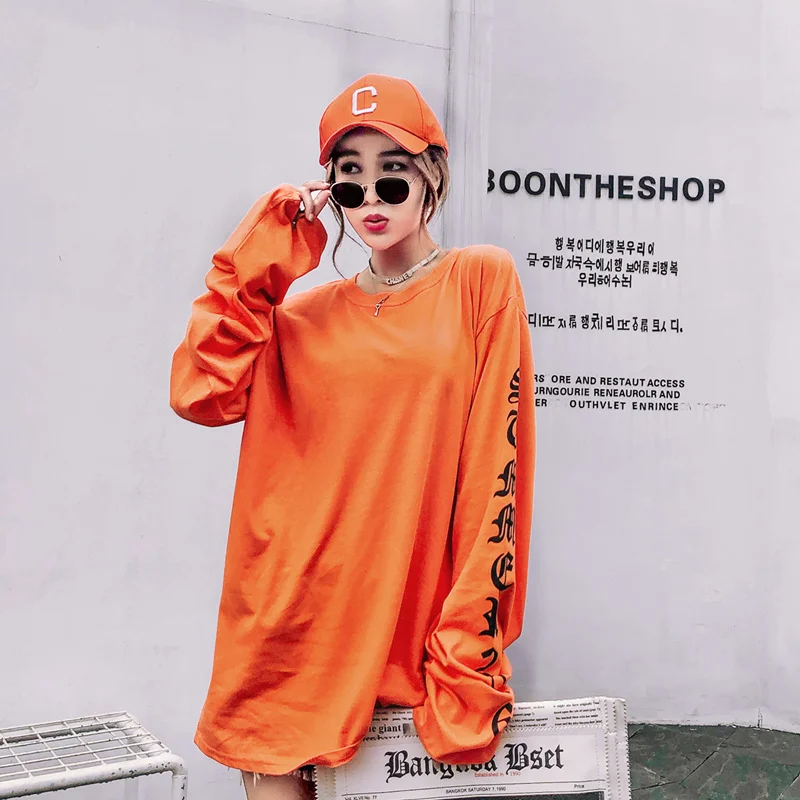 Женская футболка с большими рукавами оранжевая Повседневная в стиле хип хоп
