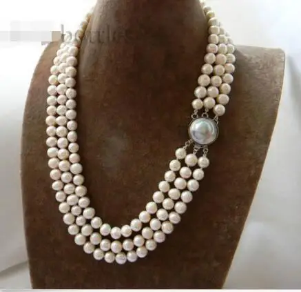 

3Strands 21'' 9mm White Round Freshwater Pearl Mabe clasp Necklace