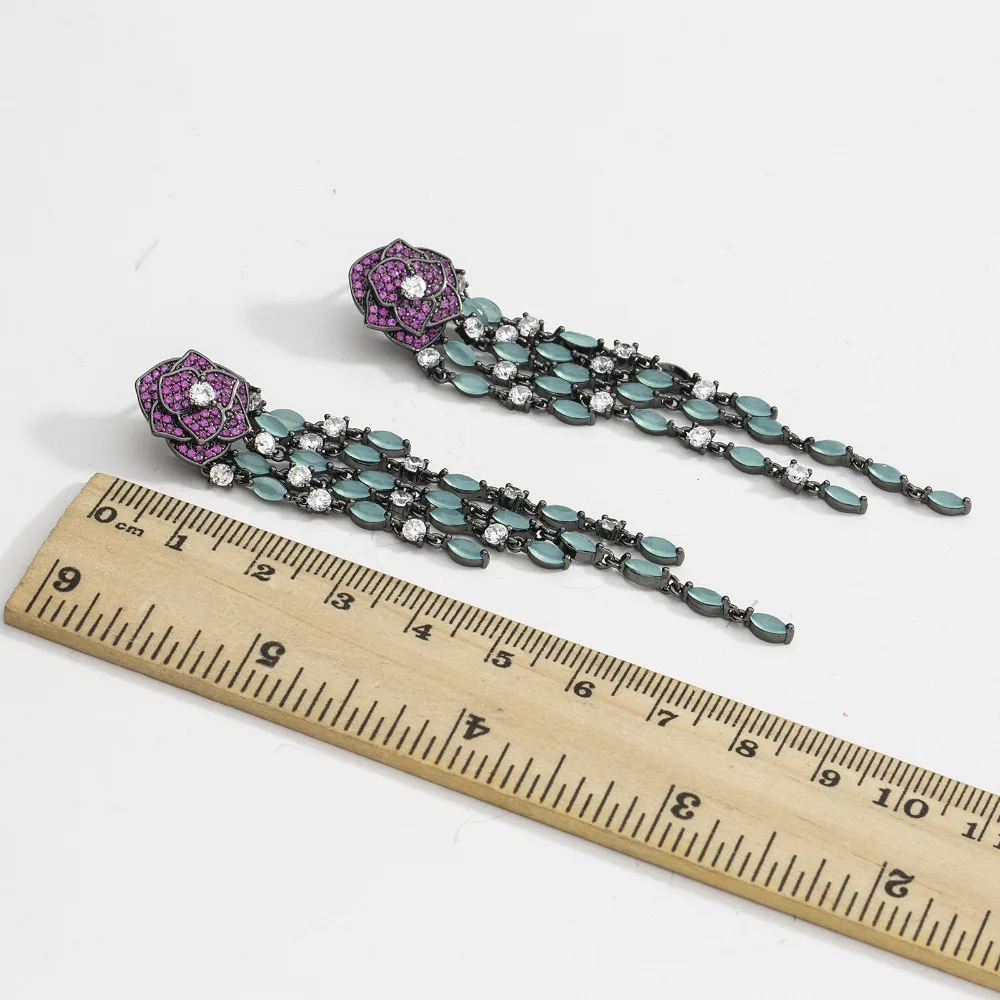 Bilincolor long black gun plated vintage purple rose flower with green tassel earring for women | Украшения и аксессуары