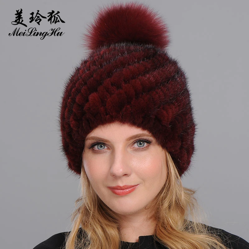 Real Mink and Fox Fur Hat Cap Top Pompoms Caps For Women New Thicken Female Winter Knitted Hats Beanies | Аксессуары для одежды