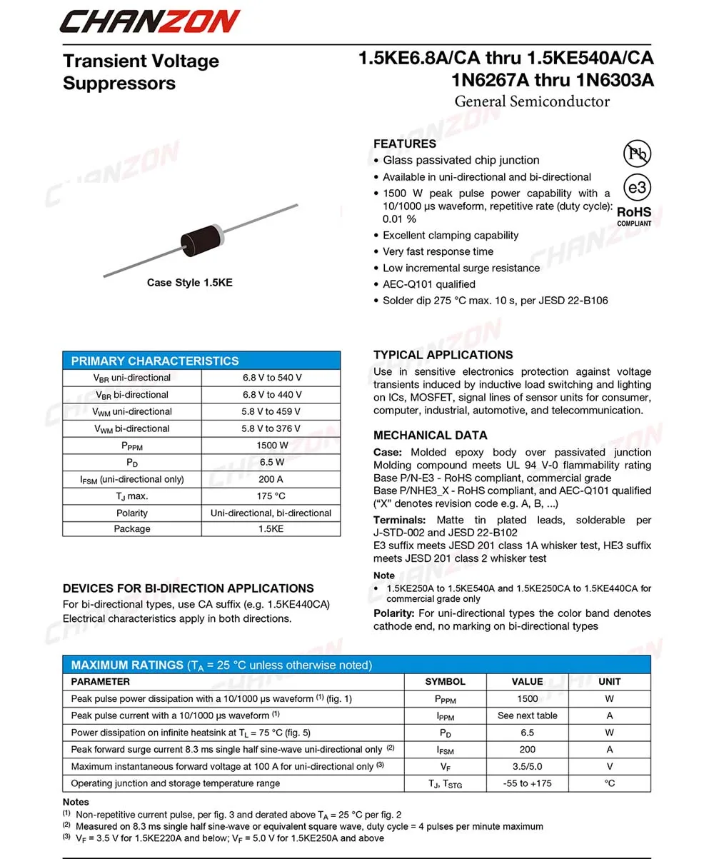 (20 шт.) ДИОДЫ TVS 1500 ke250ca 250 Вт В DO 201AD (DO 27) двунаправленный канал вольт|tvs diode|1 wattchannel tv |