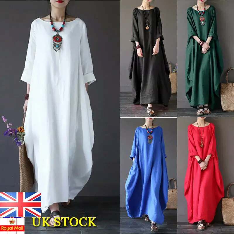 Женское длинное платье макси из хлопка и льна с длинным рукавом размера плюс в