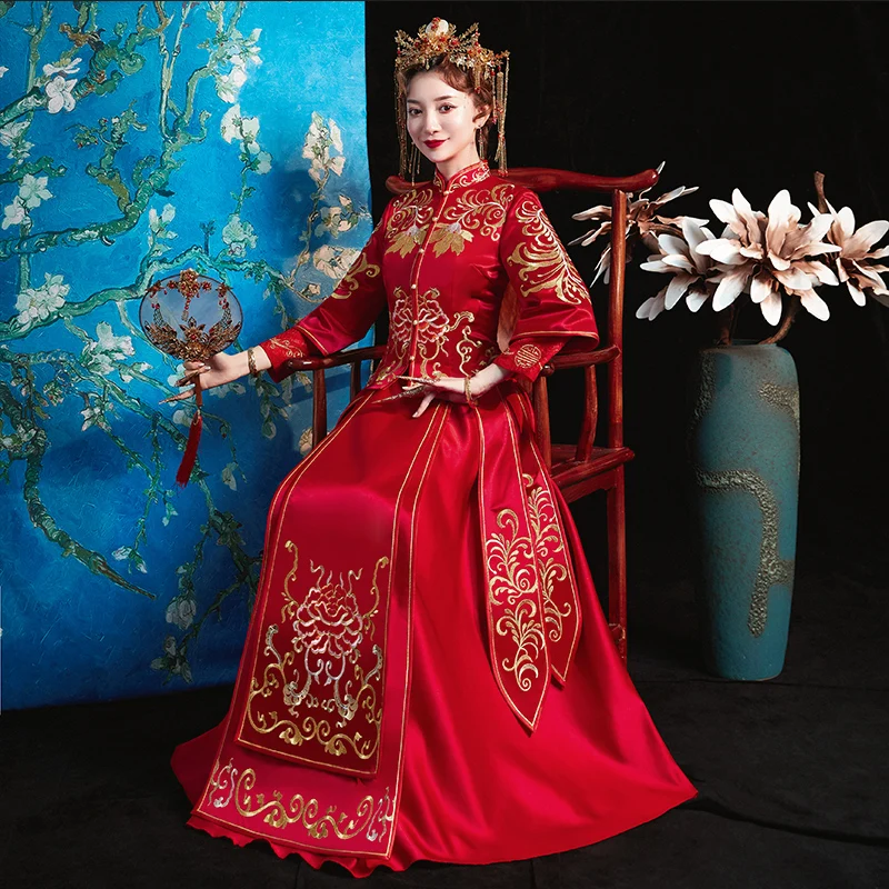 Традиционное китайское свадебное платье Cheongsam с длинным рукавом халат вышивкой