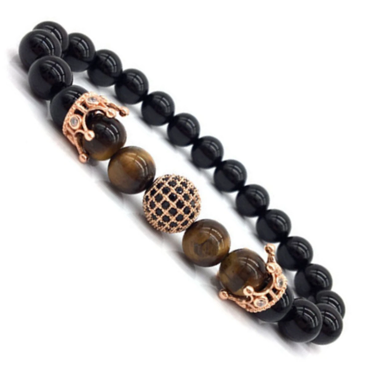 Горячая мода очаровательный мужской браслет Pave CZ King Crown & ball черный камень лавы из