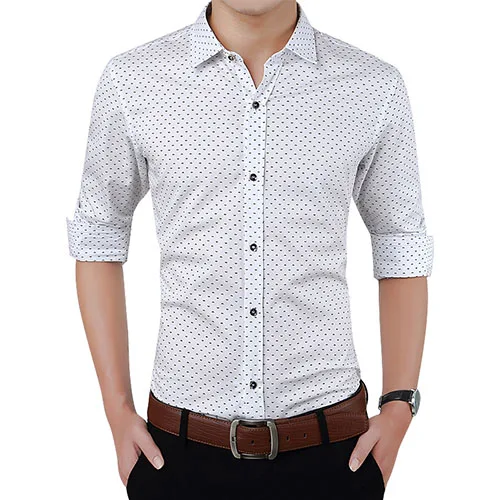 Белый Новая коллекция модных осенних свитеров Для мужчин одежда Slim Fit Для мужчин рубашка с длинными рукавами Для мужчин в горошек Повседневное Для мужчин рубашка социальных размера плюс M-5XL - Цвет: Белый