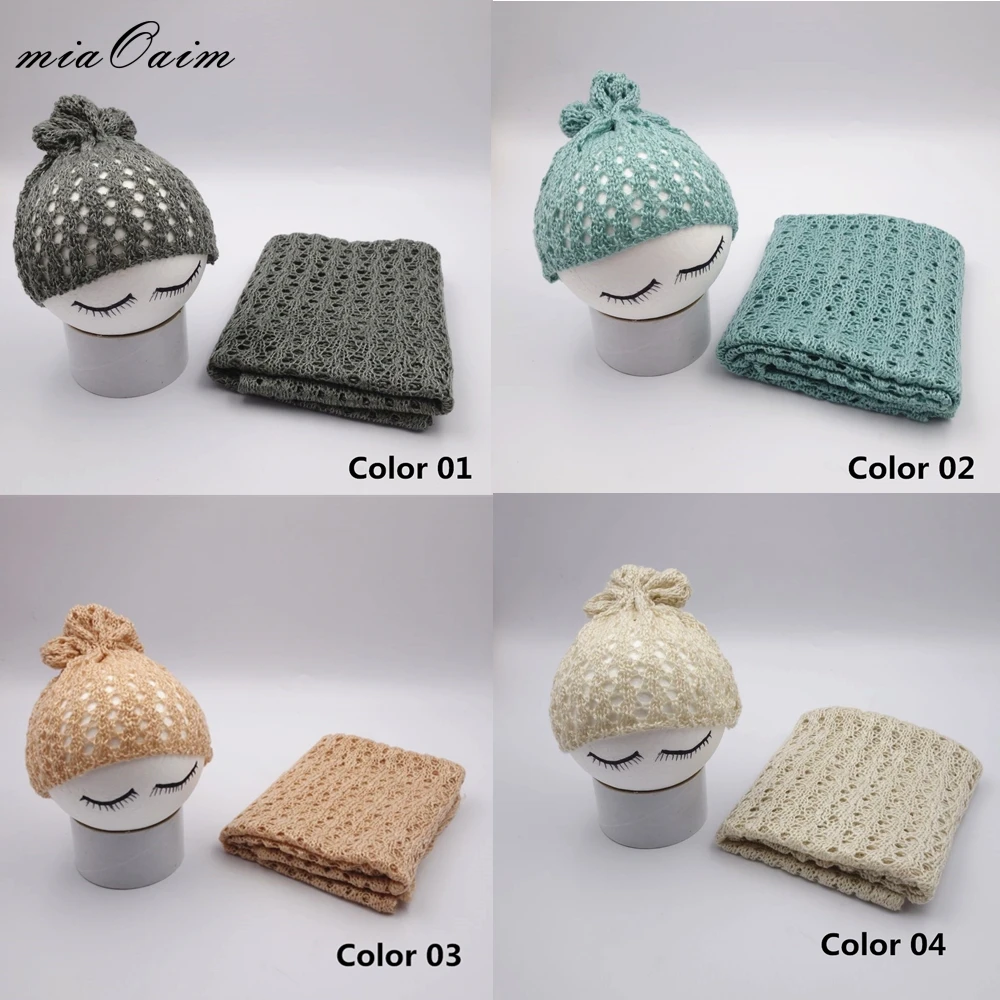 

4Colors/Lot Stretch Knit Wraps and Hat Set Newborn Baby Photography Props Blanket Wrap Hammock Swaddlings Padding Nubble Wraps