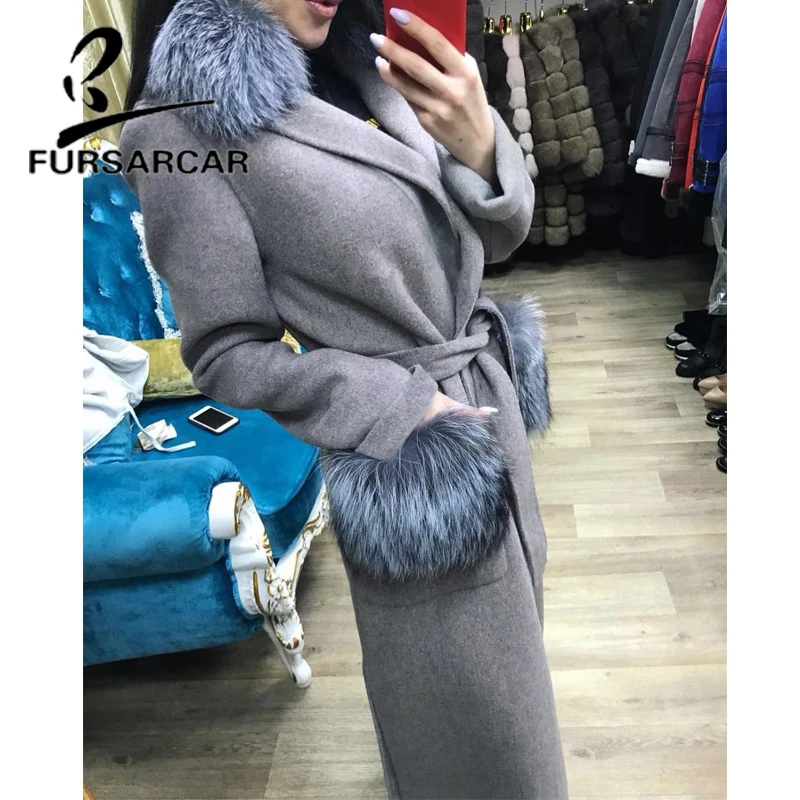 FURSARCAR New Arrival 2021 Real Fur Coat Women 120 CM Long Winter Woolen Fur Coat With Silver Fox Fur Collar Long Jacket enlarge