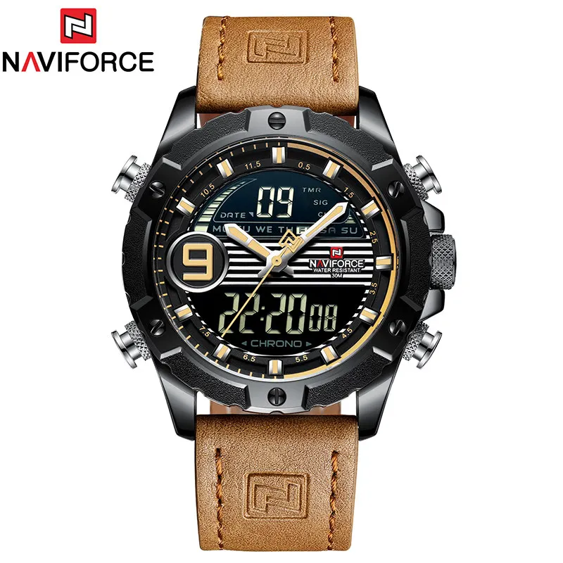 Black Yellow NAVIFORCE Топ Брендовые Часы мужские модные кварцевые часы светодиодный цифровой спортивные часы мужские кожаные водонепроницаемые часы Relogio Masculino - Color: Black Yellow