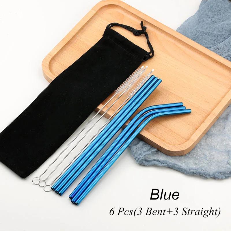 02 Blue 6 шт. многоразовые соломинки из нержавеющей стали для питья, прямые изогнутые металлические соломинки из нержавеющей стали, набор для кружек, вечерние аксессуары для бара - Цвет: 02 Blue