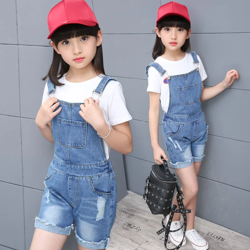Летние джинсовые комбинезоны для девочек подростков рваные джинсы комбинезон