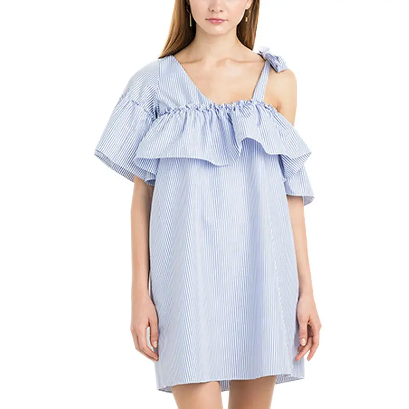 Summer ruffles women mini dress one shoulder straight short sleeve striped beach dresses vestidos WI446 | Женская одежда