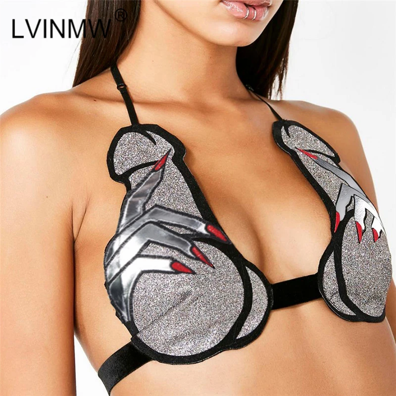 LVINMW Sexy Finger Embroidery Print Deep V Neck Crop Top Women Bustiers Spaghetti Strap Backless Camis Top Female Party Club Top
