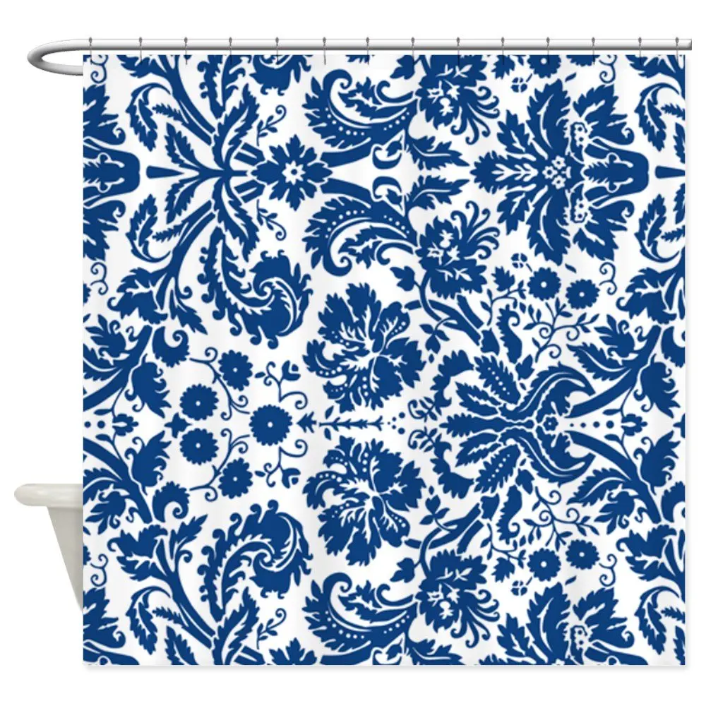 

Navy Blue White Damask Decorative Fabric Shower Curtain