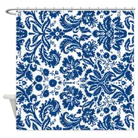 Navy Blue White Damask Decorative Fabric Shower Curtain