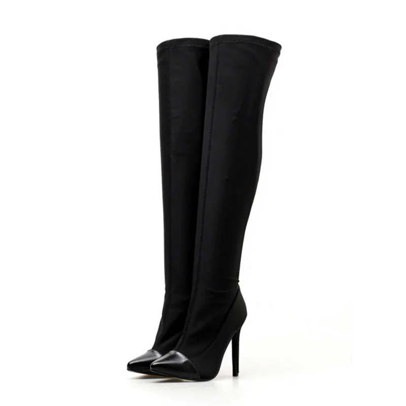 

Fashion stretch fabric over the kneen female boots black pointed toe high thin heel woman boots
