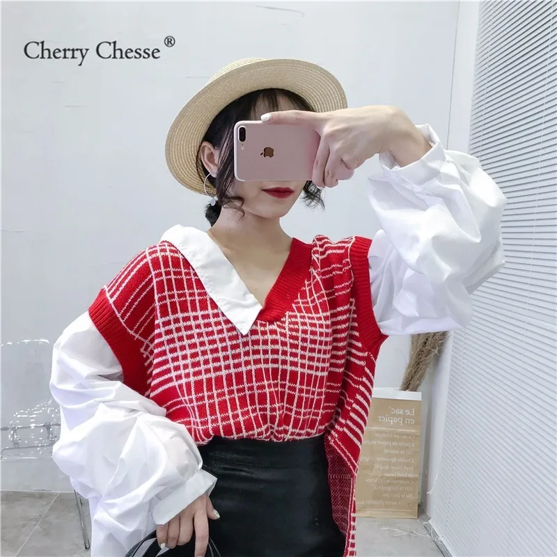 Cherry Chesse Harajuku Лоскутная клетчатая блузка с пышными рукавами Асимметричный Топы