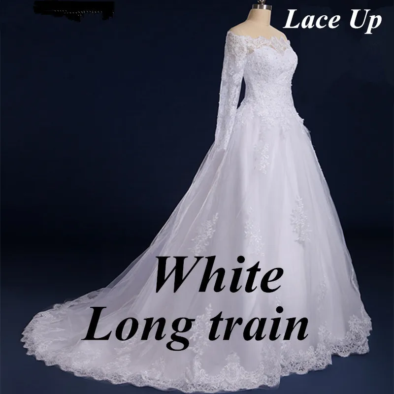 QQ Lover Vestido De Noiva вышитое бисером свадебное платье с аппликацией и длинным рукавом свадебное платье с вырезом лодочкой - Цвет: Long Train Lace up