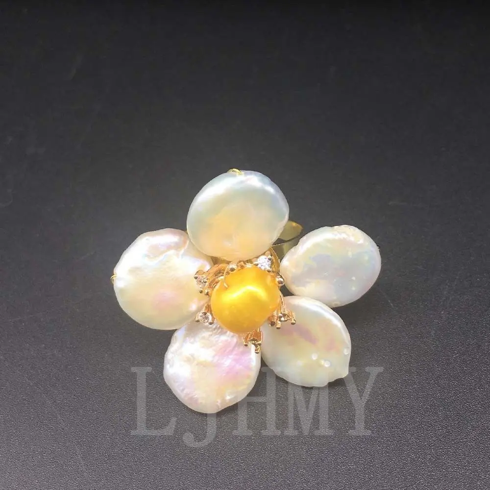 LJHMY блестящее большое кольцо из белого жемчуга-Монетка золотого цвета эффектное