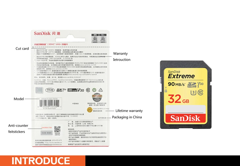 Оригинальная sd-карта SanDisk Extreme SDXC UHS-I 3 4K памяти класс 10 C10 90 Мб/с 600X высокоскоростная карта 64 ГБ 32 ГБ 16 ГБ 128 ГБ 256 ГБ 8 ГБ U3